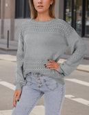Fashion Solid Color Long Sleeve Round Neck Pullover Loose Knitted Tops, Women's Clothing