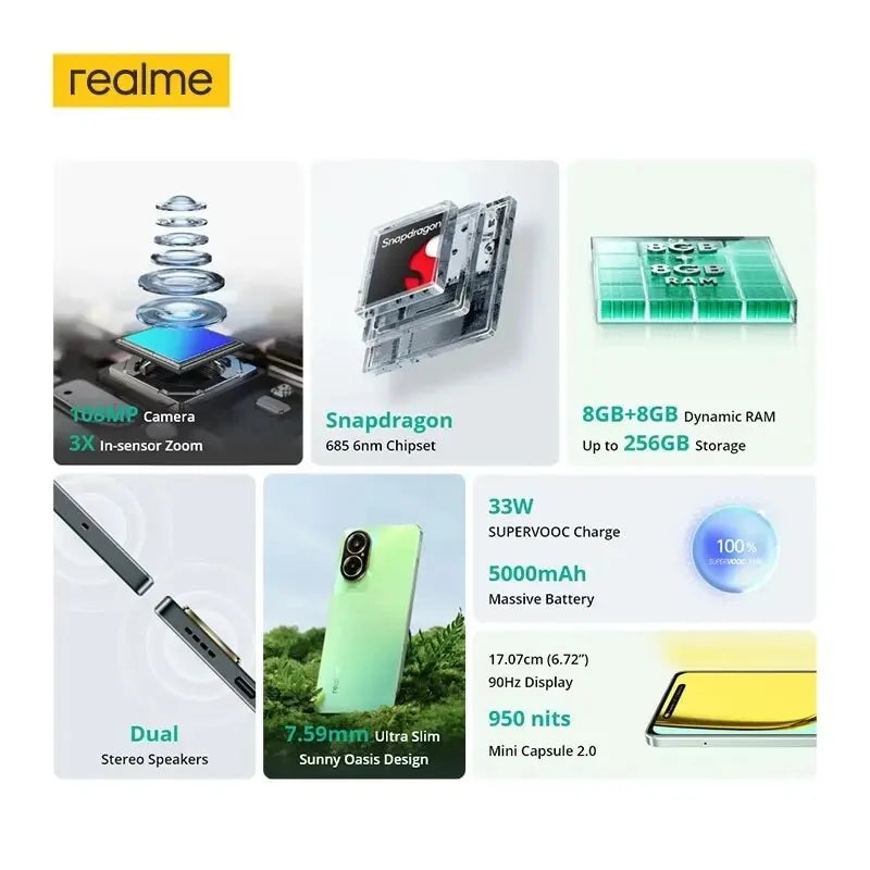 Global Verison Realme C67 Snapdragon 685 6.72'' 90Hz Display 108MP AI Camera 5000mAh 33W SUPERVOOC Charge Support NFC Smartphone