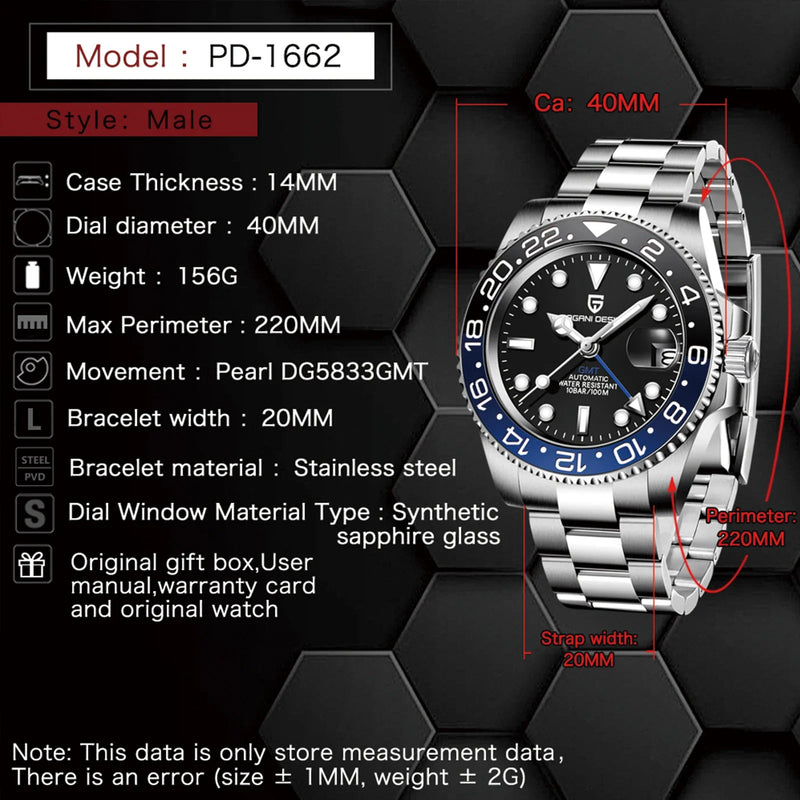 Relógio Automático Luxo Pagani Design PD-1662 GMT 40MM – Aço Inoxidável 100M